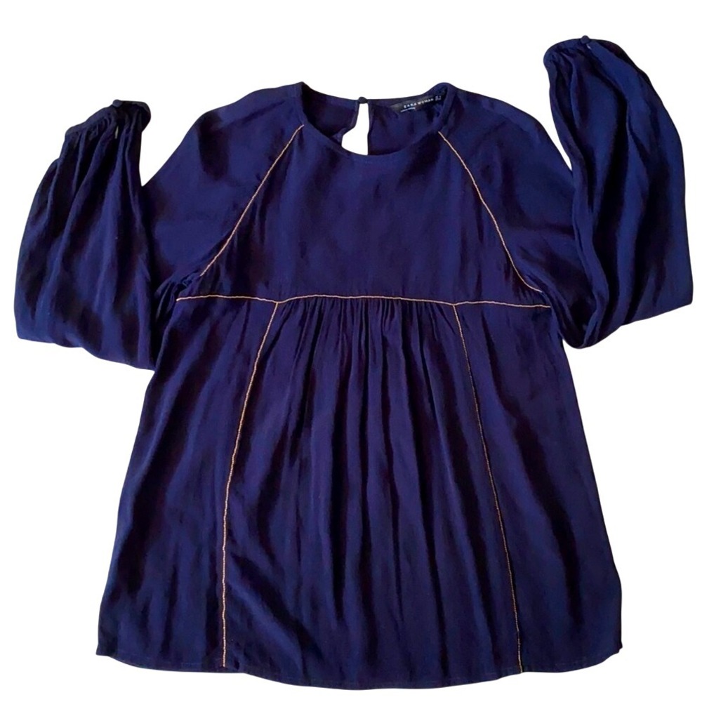 Zara woman embellished dark blue raglan long sleeves crew neck tunic‎ top size M